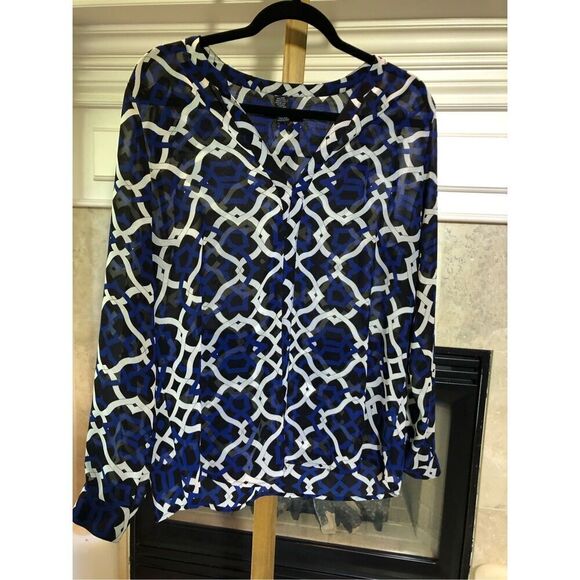 INC International Concepts Women’s Blue White and Black Design Long Sleeve Sheer - Picture 1 of 5